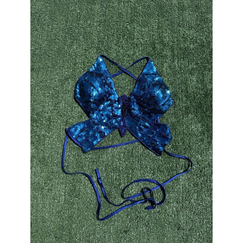 Vintage Womens Blue Beaded Sequin Corset Lace Up Back Butterfly Y2K Top